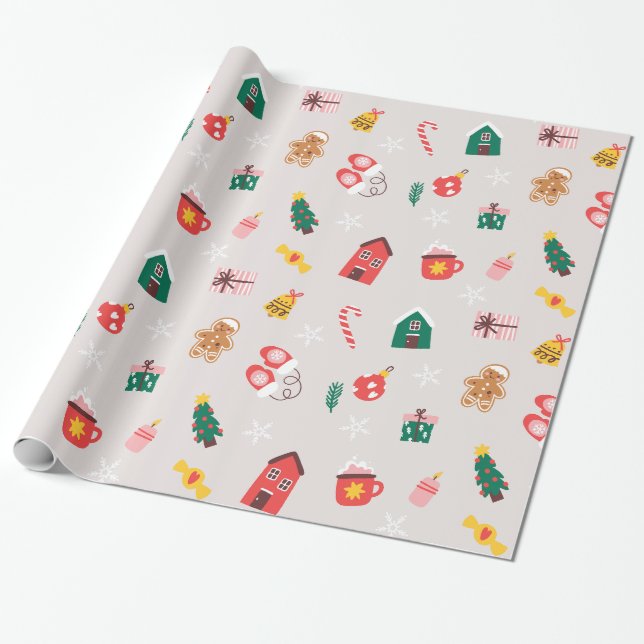 Papier Cadeau Beige rouge et vert mignon Illustré Noël (Déroulé)