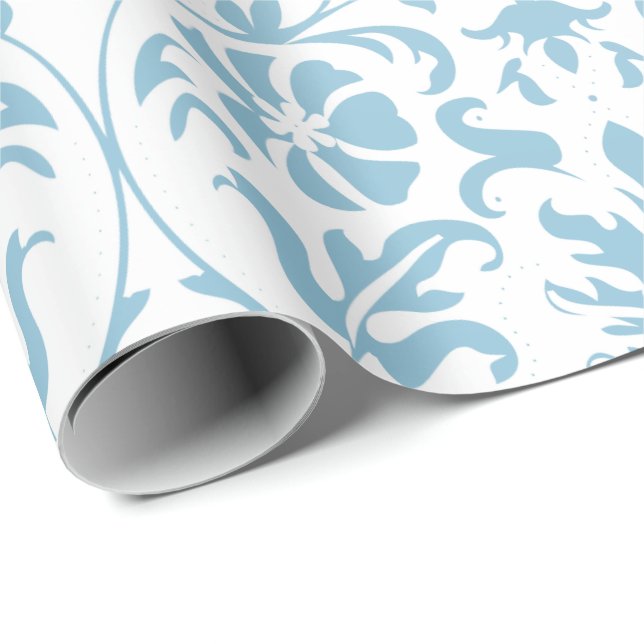 Papier Cadeau Bel Aqua floral et conception blanche de damassé (Coin rond)