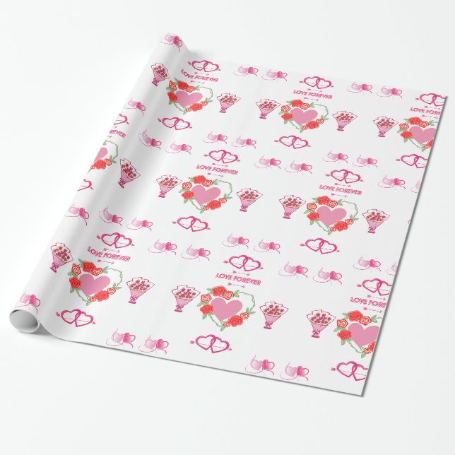 Papier Cadeau Belle Amour Coeurs thématiques et Rose (Déroulé)