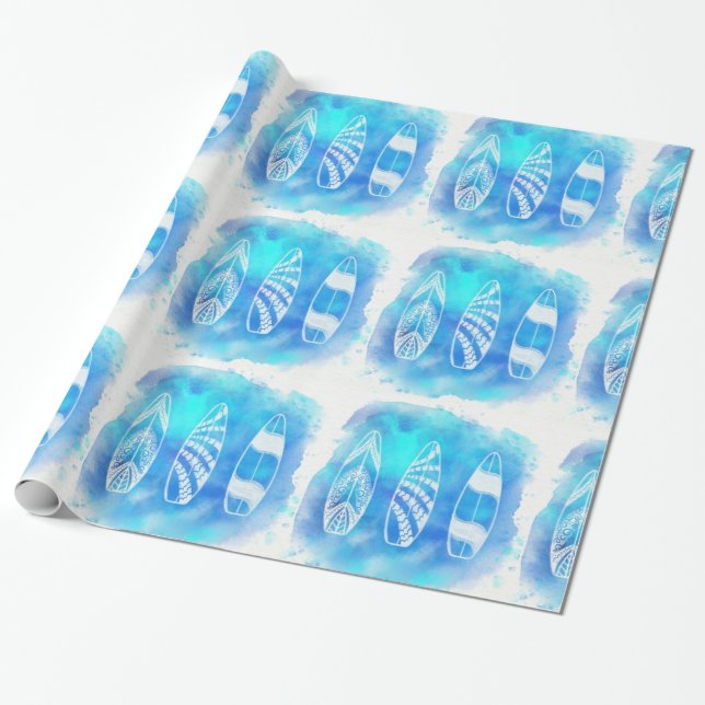 Papier Cadeau Belle aquarelle Bleue Eau Surfboards art (Déroulé)