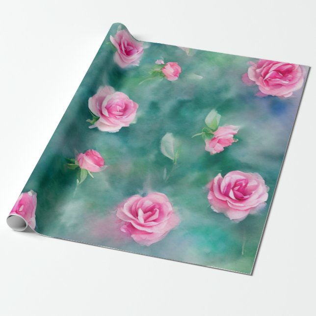 Papier Cadeau Belle Aquarelle Populaire Collection Roses Roses R (Déroulé)