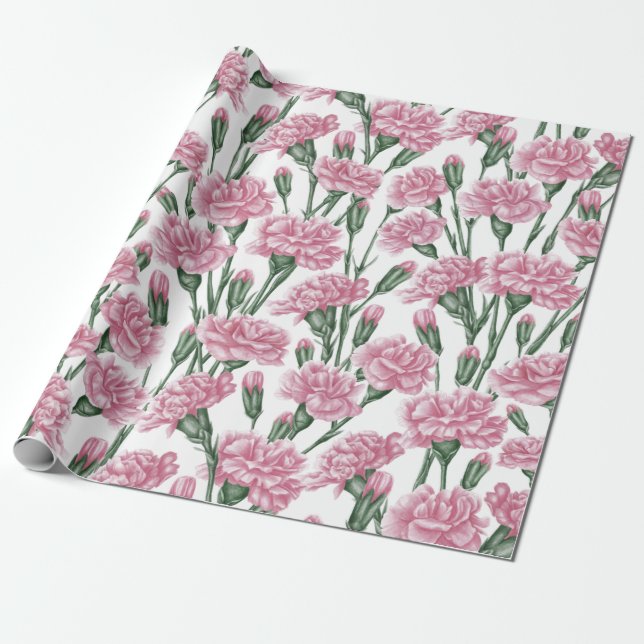 Papier Cadeau Belle aquarelle rose Fleurs de carnation (Déroulé)