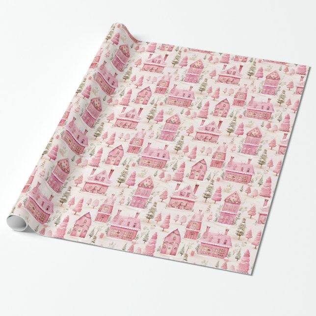 Papier Cadeau Belle aquarelle rose Noël (Déroulé)