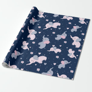 Papier Cadeau Belle bande dessinée éléphants motif sur bleu mari
