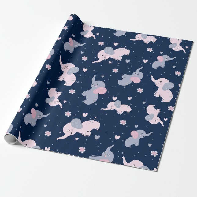 Papier Cadeau Belle bande dessinée éléphants motif sur bleu mari (Déroulé)
