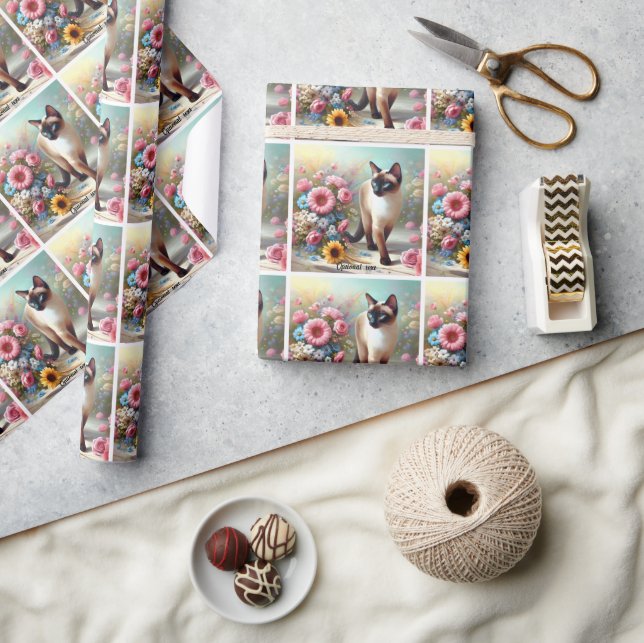 Papier Cadeau Belle chat et fleurs siamois (Artisanat)