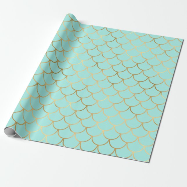 Papier Cadeau Belle échelle de sirènes bleues et dorées (Déroulé)
