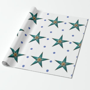 Papier Cadeau Belle étoile Turquoise en Blanc