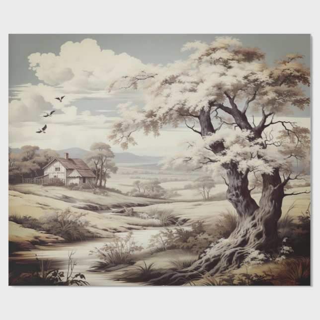 Papier Cadeau Belle ferme de campagne Toile de Jouy (Plat)