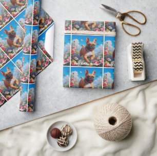 Papier Cadeau Belle Fête Française Bulldog & Flowers
