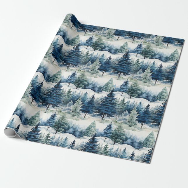 Papier Cadeau Belle forêt de pins neigeux Noël (Déroulé)