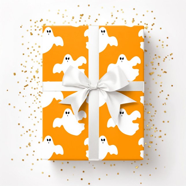 Papier Cadeau Belle Halloween Ghost Patter Orange (Cute Halloween Ghost Patter Orange Wrapping Paper)