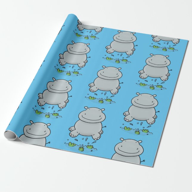 Papier Cadeau Belle hippo saut de caricature anniversaire (Déroulé)