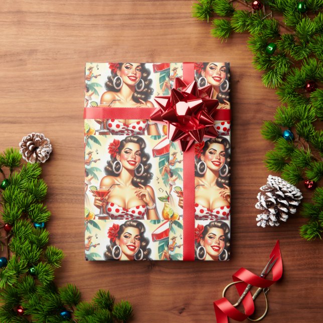 Papier Cadeau Belle illustration de femme rétro (Cadeau de vacances)