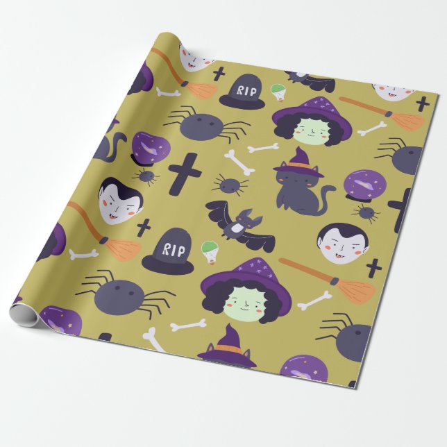 Papier Cadeau Belle magie d'Halloween et attributs de sorcière (Déroulé)