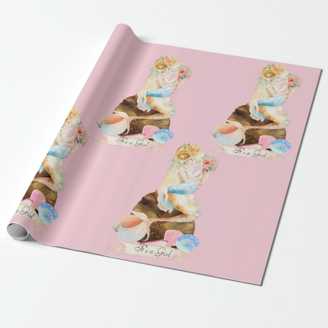 Papier Cadeau Belle mère de sirène bébé C'est une fille rose (Déroulé)