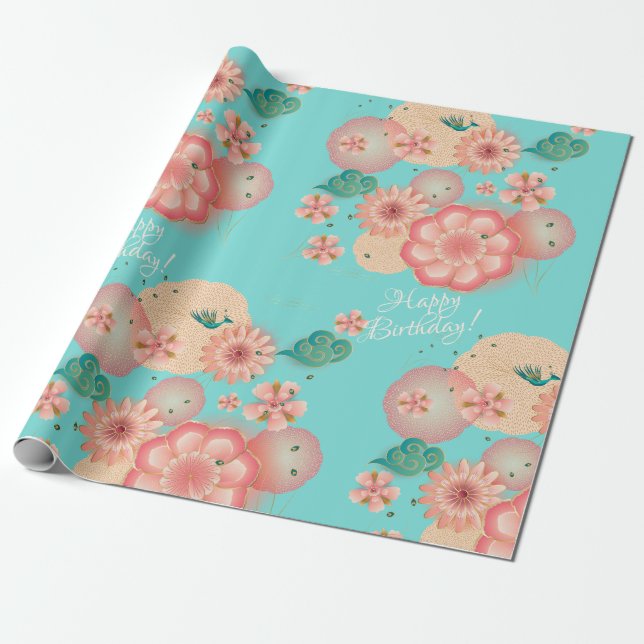 Papier Cadeau Belle Pêche de printemps Fleurs Jardin Décoratif (Déroulé)