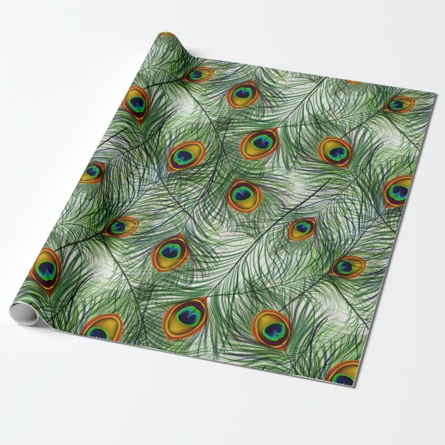 Papier Cadeau Belle plume verte de paon (Déroulé)