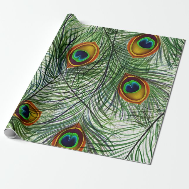 Papier Cadeau Belle plume verte de paon (Déroulé)