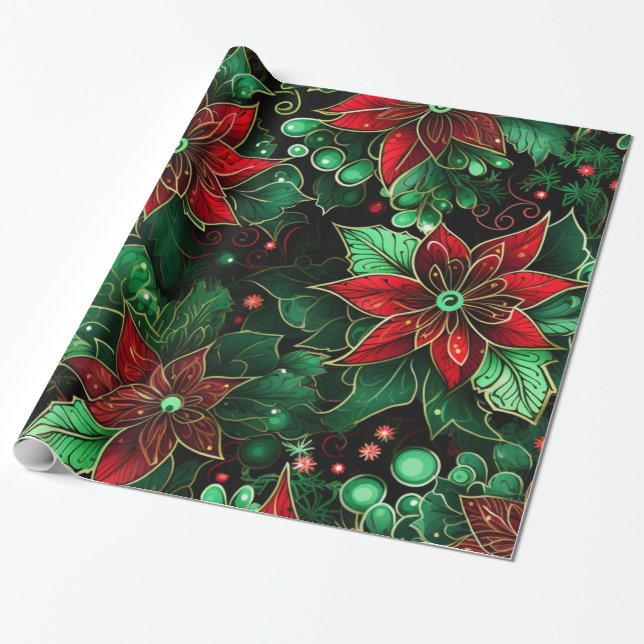 Papier Cadeau Belle Poinsettia de Noël (Déroulé)