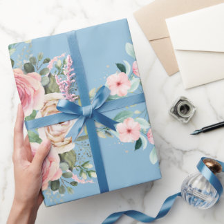 Papier Cadeau Belles Fleurs En Bleu