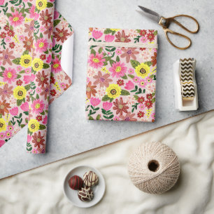 Papier Cadeau Belles fleurs printanières florales roses