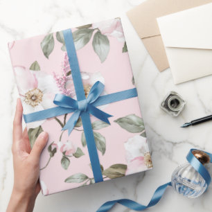 Papier Cadeau Belles Fleurs Roses et Blanches pour Mariage