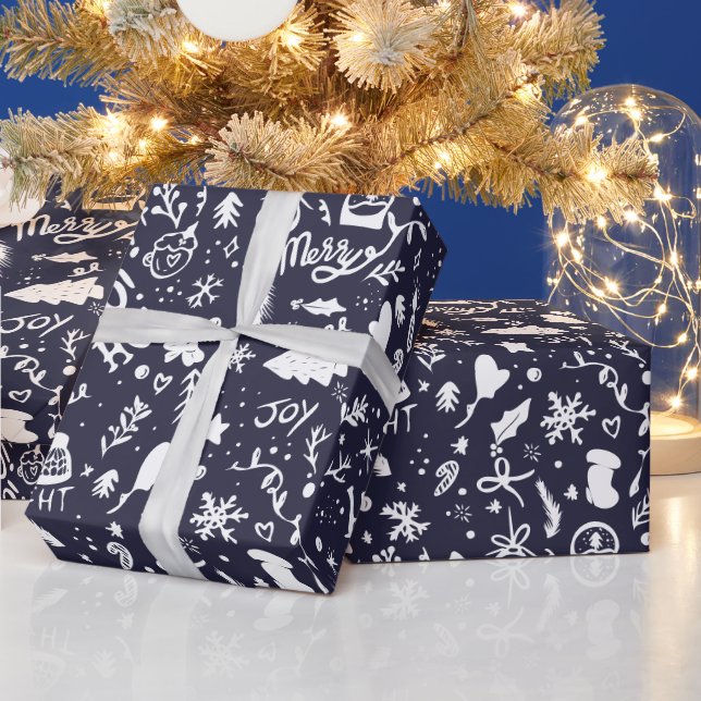 Papier Cadeau Belles illustrations de Noël motif bleu marine (Vacances)