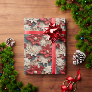 Papier Cadeau Belles Poinsettias 3D Rouge et Blanc