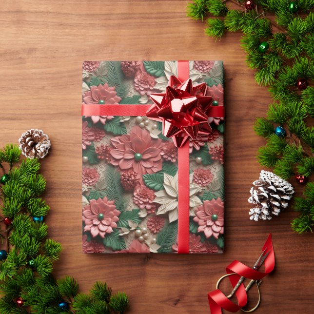 Papier Cadeau Belles Poinsettias 3D rouge vert et blanc (Cadeau de vacances)