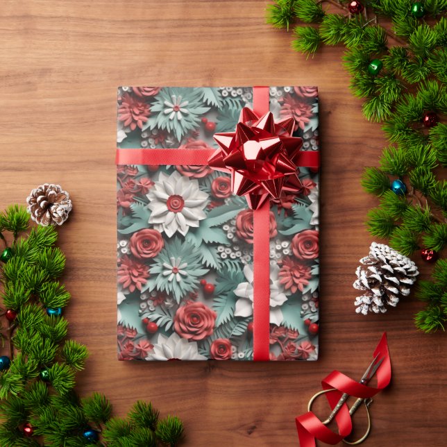 Papier Cadeau Belles Poinsettias en 3D rouge blanc et vert (Cadeau de vacances)