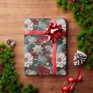 Papier Cadeau Belles Poinsettias en 3D rouge blanc et vert