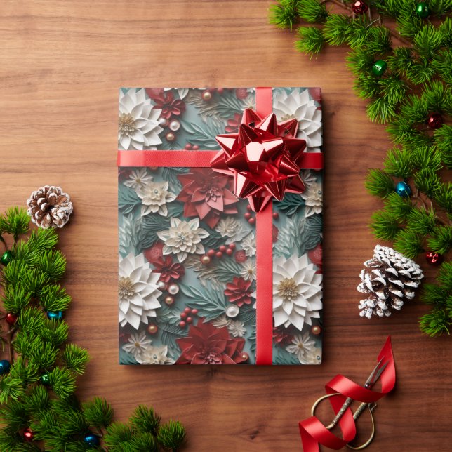 Papier Cadeau Belles Poinsettias en 3D rouge blanc et vert (Cadeau de vacances)