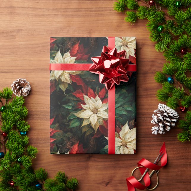 Papier Cadeau Belles Poinsettias rouges et blanches (Cadeau de vacances)