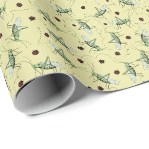 Papier Cadeau Belles sauterelles jaunes et vertes Insectes enfan