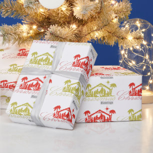 Papier Cadeau Bénédictions de Noël rouge et or nativité