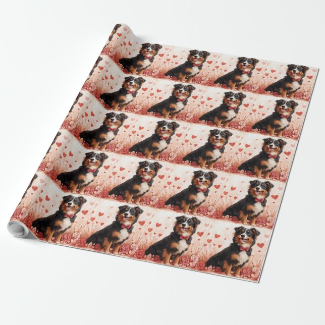 Papier Cadeau Berger australien avec Rose - Saint Valentin (Déroulé)
