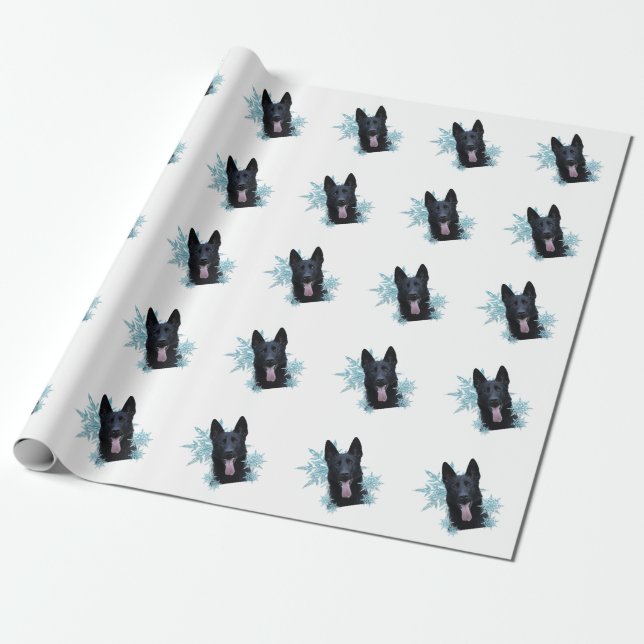 Papier Cadeau Berger noir allemand dans les flocons de neige (Déroulé)