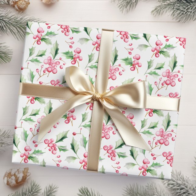Papier Cadeau Berries de Noël Rose Holly (Créateur téléchargé)