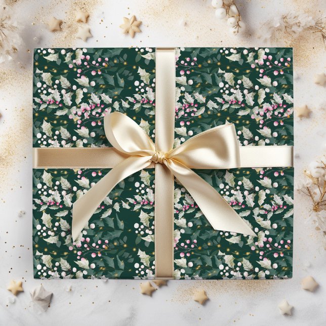 Papier Cadeau Berries et feuillages roses Holly sur vert foncé (Créateur téléchargé)
