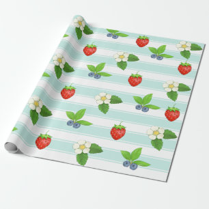 Papier Cadeau Berries Fraises Blueberry Turquoise Classic Stripe