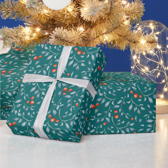 Papier Cadeau Berries rouges de Noël motif moderne élégant turqu (Vacances)