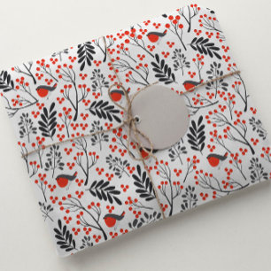 Papier Cadeau Berry rouge moderne Oiseau de Noël Gris rouge