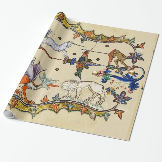 PAPIER CADEAU BESTIAIRE MÉDIÉVAL LARGE, UNICORN COMBATTRE LUNETT (Déroulé)