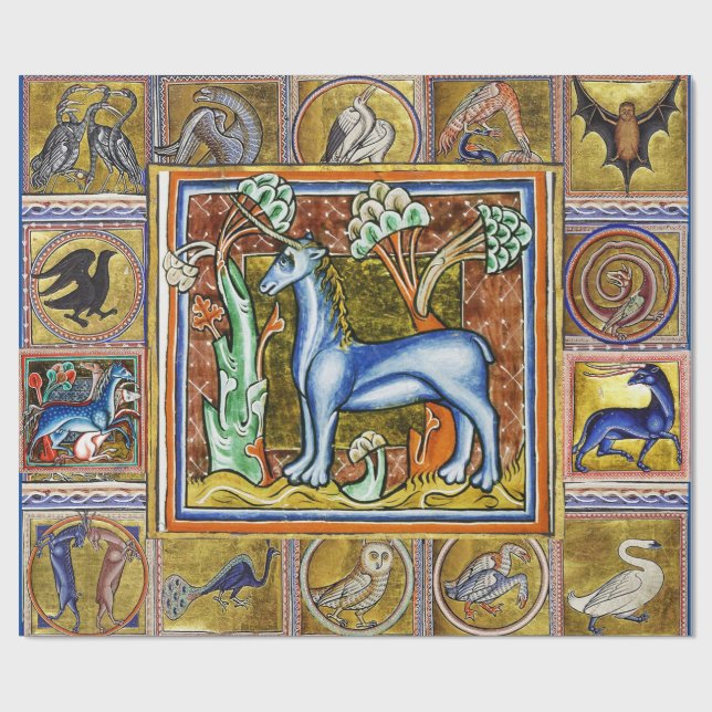 PAPIER CADEAU BESTIAIRE MÉDIÉVAL, UNICORN ANIMAUX FANTASTIQUES (Plat)