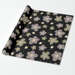 Papier Cadeau Beurre vert pourpre et olive Floral sur noir