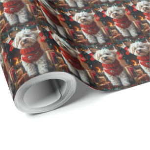 Papier Cadeau Bichon Frise avec des cadeaux de Noël Cheminée