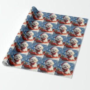 Papier Cadeau Bichon Frise en traîneau Laissez-le Neiger Noël 