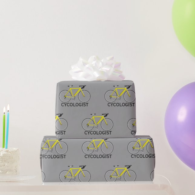 Papier Cadeau Bicyclette jaune avec texte cycologue sur gris (Cadeaux de fête)