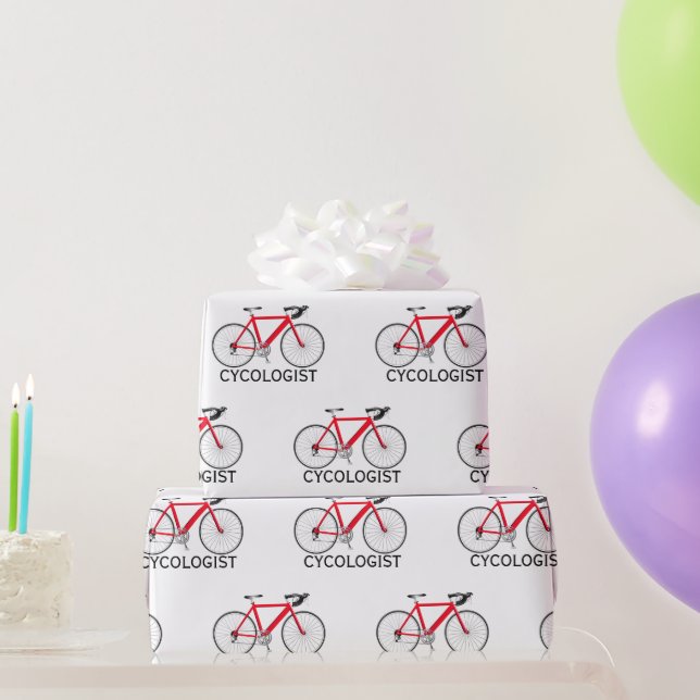 Papier Cadeau Bicyclette rouge avec texte cycologue en blanc (Cadeaux de fête)